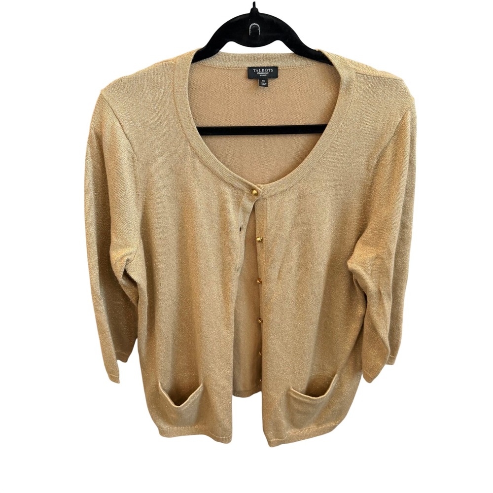 Talbots Cardigan Woman Gold Metallic Shimmer Button Front Holiday Glam 1X